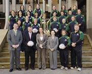 24 October 2006; Players from the Irish and Australian International Rules squads were greeted by the Australian Ambassador, Ms Anne Plunkett at the Australian Embassy ahead of their two Test International Rules Series. At a photocall afterwards were players from the Irish and Australian Ladies International Rules teams with, front from left, Jarlath Burns, Ireland team manager, Pol O Gallchoir, Ceannsai, TG4, Helen O'Rourke, Chief Executive, Cumann Peil Gael na mBan, Her Excellency, Ms Anne Plunkett, Australia Ambassador to Ireland, Nicole Graves and Sean Tilbrook, Australian co-coaches, on the steps of the Australian Embassy. This is the first ever International Rules series between Ireland and Australia and the first game will take place in Kingspan Breffni Park on Tuesday October 31st at 4.30pm with the second game in Parnell Park on Saturday, 4th November. Wilton Terrace, Dublin. Picture credit: Brendan Moran / SPORTSFILE
