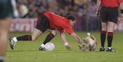 28 October 2006;Referee Shane McInerney tries to catch a dog that strayed onto Pearse Stadium. Coca-Cola International Rules Series 2006, First Test, Ireland v Australia, Pearse Stadium, Galway. Picture credit: Ray Ryan / SPORTSFILE