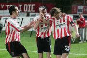 31 October 2006; Pat McCourt, Derry City, right, celebrates with Gareth McGlynn and Ciaran Martyn, after scoring the first goal. Carlsberg FAI Cup, Semi-Final Replay, Derry City v Sligo Rovers. Brandywell, Derry. Picture credit: Oliver McVeigh / SPORTSFILE