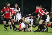 3 November 2006; Justin Harrison, Ulster, is tackled by Bruce Douglas and Stephen Jones, Border Reivers. Magners League, Ulster v Border Reivers, Ravenhill Park, Belfast. Picture credit: Oliver McVeigh / SPORTSFILE