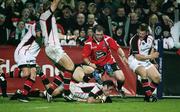 3 November 2006; Kieron Dawson, Ulster, goes over for his side's first try. Magners League, Ulster v Border Reivers, Ravenhill Park, Belfast. Picture credit: Oliver McVeigh / SPORTSFILE
