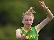 17 August 2014; Kerry's Fiona Doyle celebrates crosses the finish line to win the Girls' U14 Mixed Distance Cross Country Relay event. HSE Community Games August Festival 2014, Athlone Institute of Technology, Athlone, Co. Westmeath. Picture credit: Pat Murphy / SPORTSFILE