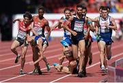 17 August 2014; Mahiedine Mekhissi-Benabbad of France on his way to winning the final of the men's 1500m event as Charlie Grice of Great Britain and Florian Orth of Germany fall behing him. European Athletics Championships 2014 - Day 6. Letzigrund Stadium, Zurich, Switzerland. Picture credit: Stephen McCarthy / SPORTSFILE