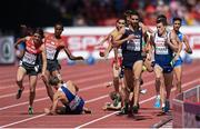 17 August 2014; Mahiedine Mekhissi-Benabbad of France on his way to winning the final of the men's 1500m event as Charlie Grice of Great Britain and Florian Orth of Germany fall behing him. European Athletics Championships 2014 - Day 6. Letzigrund Stadium, Zurich, Switzerland. Picture credit: Stephen McCarthy / SPORTSFILE