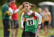 17 August 2014; Ava Flynn, Mayo, crosses the finish line to finish in second place in the Girls U12 Mixed Distance Relay Final event. HSE Community Games August Festival 2014, Athlone Institute of Technology, Athlone, Co. Westmeath. Picture credit: Pat Murphy / SPORTSFILE