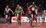 17 August 2014; Mahiedine Mekhissi-Benabbad of France celebrates winning the final of the men's 1500m event, from second place Henrik Ingebrigtsen of Norway, third place Chris O'Hare of Great Britain and fourth place Paul Robinson of Ireland. European Athletics Championships 2014 - Day 6. Letzigrund Stadium, Zurich, Switzerland. Picture credit: Stephen McCarthy / SPORTSFILE