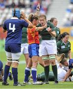 17 August 2014; Fiona Coughlan, Ireland, has words with referee Sherry Trumbull during the first half. 2014 Women's Rugby World Cup 3rd / 4th place Play-off, Ireland v France. Stade Jean Bouin, Paris, France. Picture credit: Aurelien Meunier / SPORTSFILE
