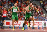 17 August 2014; Thomas Barr of Ireland's 4x400m men's relay team runs the final leg on his way to finishing 5th in a new national record time of 3:01.67. The team consisted of Brian Gregan, Mark English, David Morrissey and Thomas Barr. European Athletics Championships 2014 - Day 6. Letzigrund Stadium, Zurich, Switzerland. Picture credit: Stephen McCarthy / SPORTSFILE