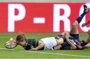 17 August 2014; Grace Davitt, Ireland, scores her side's second try of the game, despite the tackle of Jessy Tremouliere, France. 2014 Women's Rugby World Cup 3rd / 4th place Play-off, Ireland v France. Stade Jean Bouin, Paris, France. Picture credit: Aurelien Meunier / SPORTSFILE