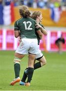 17 August 2014; Grace Davitt, Ireland, is congratulated by teammate Jenny Murphy after she scored their side's second try of the game. 2014 Women's Rugby World Cup 3rd / 4th place Play-off, Ireland v France. Stade Jean Bouin, Paris, France. Picture credit: Aurelien Meunier / SPORTSFILE