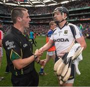 17 August 2014; Tipperary goalkeeper Darren Gleeson and match referee James Owens after the game. GAA Hurling All-Ireland Senior Championship Semi-Final, Cork v Tipperary. Croke Park, Dublin. Picture credit: Ray McManus / SPORTSFILE