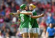 17 August 2014; Robbie Hanley, left, and Thomas Grimes, Limerick, celebrate after the game. Electric Ireland GAA Hurling All Ireland Minor Championship Semi-Final, Galway v Limerick. Croke Park, Dublin. Photo by Sportsfile