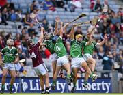 17 August 2014; Brian Burke, left, and Cian Burke, Galway, in action against, from left, Colin Ryan, Jamie Porter, Thomas Grimes, and Seán Finn, Limerick. Electric Ireland GAA Hurling All Ireland Minor Championship Semi-Final, Galway v Limerick. Croke Park, Dublin. Photo by Sportsfile