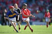 17 August 2014; Tara Bermingham Nolan, Drumphea National School, Carlow, representing Cork, in action against Meaghan Clarke, Lady of Lourdes Primary School, Tyrone, representing Tipperary. INTO/RESPECT Exhibition GoGames, Croke Park, Dublin. Picture credit: Brendan Moran / SPORTSFILE