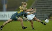 31 October 2006; Sarah O'Connor, Ireland, in action against Pia Kilburn, Australia. Ladies International Rules Series 2006, First Test, Ireland v Australia, Kingspan Breffni Park, Cavan. Picture credit: Brian Lawless / SPORTSFILE