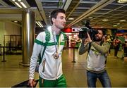 18 August 2014; Team Ireland's 800m bronze medalist Mark English on his return from the European Athletics Championships 2014 in Zurich, Switzerland. Dublin Airport, Dublin. Picture credit: Pat Murphy / SPORTSFILE