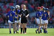 17 August 2014; Niamh Brady, St Mary's National School, Westmeath, representing Tipperary, shakes hands with referee Cliona Donnellan, Sixmilebridge National School, Clare, before the game. INTO/RESPECT Exhibition GoGames, Croke Park, Dublin. Picture credit: Brendan Moran / SPORTSFILE