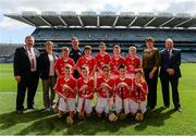 17 August 2014; Chairperson of Cumann na mBunscoil Mairead O'Callaghan, left, President of the I.N.T.O. Seán McMahon, President of the Camogie Association Aileen Lawlor, and Uachtarán Chumann Luthchleas Gael Liam Ó Néill, with the Cork team, back row, left to right, Matthew McCabe, St Malachy's Primary School, Down, Yanick Scheerer, Gaelscoil na Cruaiche, Mayo, Daniel Creegan, Killasonna National School, Longford, Cian Farrelly, St Michael's National School, Cavan, Cathal Wilson, Bishop Galvin National School, Cork, front row, left to right, John Toomey, Sacred Heart National School, Wicklow, James O’Leary, Glenville National School, Cork, Ferran O’Sullivan-Clavo, St Corbans Boys National School, Kildare, Ruairi McCann, St John's Primary School, Armagh, Mikey Duignan, Baltydaniel National School, Cork. INTO/RESPECT Exhibition GoGames, Croke Park, Dublin. Picture credit: Dáire Brennan / SPORTSFILE.