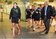 18 August 2014; Ireland captain Fiona Coghlan leads the squad in Dublin Airport on their return from the Women's Rugby World Cup in France. Dublin Airport, Dublin. Picture credit: Ramsey Cardy / SPORTSFILE