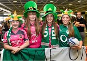 18 August 2014; Ireland supporters, from left, Lisa Mullen, Megan Higgins, Saoirse Higgins and Zara Whitley, from Virginia, Co. Cavan, pictured in Dublin Airport welcome home the Ireland Women's rugby team on their return from the Women's Rugby World Cup in France. Dublin Airport, Dublin. Picture credit: Ramsey Cardy / SPORTSFILE