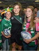18 August 2014; Ireland's Jenny Murphy pictured with Zara Whitley, left, and Saoirse Higgins, from Virginia, Co. Cavan, in Dublin Airport on her return from the Women's Rugby World Cup in France. Dublin Airport, Dublin. Picture credit: Ramsey Cardy / SPORTSFILE
