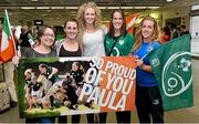 18 August 2014; Ireland supporters, from left, Aileen Kennedy, Aoife Thompson, Sarah-Jane Cullen, Helena Kenny and Niamh Connolly, all of whom work with Ireland's Paula Fitzpatrick, pictured in Dublin Airport on the return from the Women's Rugby World Cup in France. Dublin Airport, Dublin. Picture credit: Ramsey Cardy / SPORTSFILE