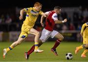 18 August 2014; Conan Byrne, St Patrick's Athletic, in action against Rory Gaffney, Limerick. SSE Airtricity League Premier Division, St Patrick's Athletic v Limerick, Richmond Park,  Inchicore, Dublin. Picture credit: David Maher / SPORTSFILE