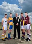 19 August 2014; U-21 stars Tony Kelly, Clare, Stephen McAfee, Antrim, Cathal Mannion, Galway, and Conor McDonald, Wexford, met today in Clanna Gael GAA Club ahead of the Bord Gáis Energy GAA Hurling U-21 All-Ireland Semi Final which take place this Saturday 23rd August in Semple Stadium, Thurles. Clare take on Ulster winners Antrim at 4pm while Galway face Leinster kingpins Wexford at 6pm. Both games will be shown live on TG4 and spectators can vote for their player of the match by using hBGE. Pictured are, from left, Antrim's Stephen McAfee, Clare's Tony Kelly, Wexford's Conor McDonald, Galway's Cathal Mannion with Ger Cunningham, Bord Gáis Energy Sports Ambassador. Bord Gáis Energy GAA Hurling All-Ireland U21 Championship Semi-Final Photocall, Clanna Gael Fontenoy GAA Club, Ringsend, Dublin. Picture credit: Ramsey Cardy / SPORTSFILE