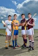 19 August 2014; U-21 stars Tony Kelly, Clare, Stephen McAfee, Antrim, Cathal Mannion, Galway, and Conor McDonald, Wexford, met today in Clanna Gael GAA Club ahead of the Bord Gáis Energy GAA Hurling U-21 All-Ireland Semi Final which take place this Saturday 23rd August in Semple Stadium, Thurles. Clare take on Ulster winners Antrim at 4pm while Galway face Leinster kingpins Wexford at 6pm. Both games will be shown live on TG4 and spectators can vote for their player of the match by using hBGE. Pictured are, from left, Antrim's Stephen McAfee, Clare's Tony Kelly, Wexford's Conor McDonald and Galway's Cathal Mannion. Bord Gáis Energy GAA Hurling All-Ireland U21 Championship Semi-Final Photocall, Clanna Gael Fontenoy GAA Club, Ringsend, Dublin. Picture credit: Ramsey Cardy / SPORTSFILE
