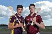 19 August 2014; U-21 stars Tony Kelly, Clare, Stephen McAfee, Antrim, Cathal Mannion, Galway, and Conor McDonald, Wexford, met today in Clanna Gael GAA Club ahead of the Bord Gáis Energy GAA Hurling U-21 All-Ireland Semi Final which take place this Saturday 23rd August in Semple Stadium, Thurles. Clare take on Ulster winners Antrim at 4pm while Galway face Leinster kingpins Wexford at 6pm. Both games will be shown live on TG4 and spectators can vote for their player of the match by using hBGE. Pictured are Wexford's Conor McDonald, left, and Galway's Cathal Mannion. Bord Gáis Energy GAA Hurling All-Ireland U21 Championship Semi-Final Photocall, Clanna Gael Fontenoy GAA Club, Ringsend, Dublin. Picture credit: Ramsey Cardy / SPORTSFILE
