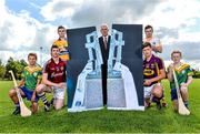 19 August 2014; U-21 stars Tony Kelly, Clare, Stephen McAfee, Antrim, Cathal Mannion, Galway, and Conor McDonald, Wexford, met today in Clanna Gael GAA Club ahead of the Bord Gáis Energy GAA Hurling U-21 All-Ireland Semi Final which take place this Saturday 23rd August in Semple Stadium, Thurles. Clare take on Ulster winners Antrim at 4pm while Galway face Leinster kingpins Wexford at 6pm. Both games will be shown live on TG4 and spectators can vote for their player of the match by using hBGE. Pictured are, from left, Galway's Cathal Mannion, Clare's Tony Kelly, Wexford's Conor McDonald, Antrim's Stephen McAfee with Ger Cunningham, Bord Gáis Energy Sports Ambassador and members of the U12 Clanna Gael GAA team. Bord Gáis Energy GAA Hurling All-Ireland U21 Championship Semi-Final Photocall, Clanna Gael Fontenoy GAA Club, Ringsend, Dublin. Picture credit: Ramsey Cardy / SPORTSFILE