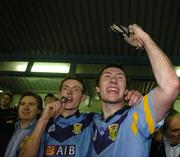 6 November 2006; James Sherry, left, and Billy Sheehan, UCD, celebrate after the game. Dublin Senior Football Championship Final, UCD v St Vincents, Parnell Park, Dublin. Picture credit: Pat Murphy / SPORTSFILE