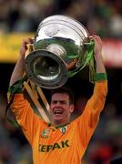 26 September 1999; Cormac Sullivan of Meath lifts The Sam Maguire Cup following the GAA Football All-Ireland Senior Championship Final match between Meath and Cork at Croke Park in Dublin. Photo by Ray McManus/Sportsfile