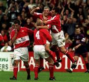 11 September 1999; Greg O'Halloran, centre, of Cork City celebrates after scoring with team-mates Dave Hill and Pat Morley during the Eircom League Premier Division match between Cork City and St Patrick's Athletic at Turners Cross in Cork. Photo by Matt Browne/Sportsfile