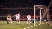 13 November 1991; John Byrne of Ireland shoots to score during the European Championship Qualifier match between Turkey and Republic of Ireland in Istanbul, Turkey. Photo by Ray McManus/Sportsfile