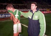 13 November 1991; Mick McCarthy, left, and Alan McLoughlan following the European Championship Qualifier match between Turkey and Republic of Ireland in Istanbul, Turkey. Photo by Ray McManus/Sportsfile