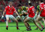 26 September 1999; Nigel Nestor of Meath in action against Ciaran O'Sullivan, 5, and Nicholas Murphy of Cork during the GAA Football All-Ireland Senior Championship Final match between Meath and Cork at Croke Park in Dublin. Photo by Brendan Moran/Sportsfile