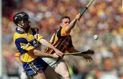 15 August 1999; Sean McMahon of Clare in action against Charlie Carter of Kilkenny during the GAA All-Ireland Senior Hurling Championship Semi-Final between Clare and Kilkenny at Croke Park in Dublin. Photo by Brendan Moran/Sportsfile