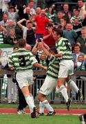 22 August 1999; Tony Cousins of Shamrock Rovers, centre, celebrates with team-mates Billy Woods, right, and Tommy Dunne after scoring his side's second goal during the Eircom League Premier Division match between Shamrock Rovers and Finn Harps at Morton Stadium in Santry, Dublin. Photo by David Maher/Sportsfile