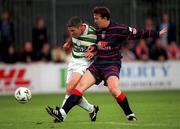 27 August 1999; Tony Cousins of Shamrock Rovers in action against Donal Broughan of St Patricks Athletic during the Eircom League Cup 1st Round match between St Patrick's Athletic and Shamrock Rovers at Richmond Park in Dublin. Photo by David Maher/Sportsfile