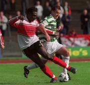 26 September 1999; Wesley Charles of Sligo Rovers in action against Derek Tracey of Shamrock Rovers during the Eircom League Premier Division match between Shamrock Rovers and Sligo Rovers at Morton Stadium in Dublin. Photo by Damien Eagers/Sportsfile