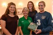 19 August 2014; Emma Byrne, Republic of Ireland, is presented with her international team cap by Republic of Ireland Senior Women's International manager Sue Ronan and Ireland International rugby players Jenny Murphy, left, and Marie Louise Reilly. Republic of Ireland Women's Team Caps Presentation, Dunboyne Castle Hotel, Dunboyne, Co. Meath. Picture credit: David Maher / SPORTSFILE