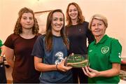 19 August 2014; Dora Gorman, Republic of Ireland and UCD Waves, is presented with her international team cap by Republic of Ireland Senior Women's International manager Sue Ronan and Ireland International rugby players Jenny Murphy, left, and Marie Louise Reilly. Republic of Ireland Women's Team Caps Presentation, Dunboyne Castle Hotel, Dunboyne, Co. Meath. Picture credit: David Maher / SPORTSFILE