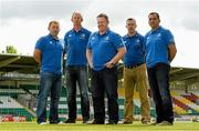 20 August 2014; The Leinster Rugby coaching team, from left, Richie Murphy, skills & kicking coach, Leo Cullen, forwards coach, Matt O'Connor, head coach, Guy Easterby, team manager, and Marco Caputo, scrum coach. Tallaght Stadium, Tallaght, Co. Dublin. Picture credit: Matt Browne / SPORTSFILE
