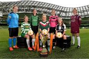 20 August 2014; The FAI today announced Continental Tyres as the official partner of Irish Women's Football. Pictured at the announcement and the launch of the Women's National League are, from left, Orlagh Nolan, UCD Waves, Emma Hansberry, Castlebar Celtic, Clare Kinsella, Peamount Utd, Trish Fennelly, Cork City Women's, Kylie Murphy, Wexford Youths, Rebecca Creagh, Raheny United, and Ruth Fahy, Galway WFC. Aviva Stadium, Lansdowne Road, Dublin. Picture credit: Barry Cregg / SPORTSFILE