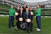 20 August 2014; The FAI today announced Continental Tyres as the official partner of Irish Women's Football. Pictured at the announcement are, from left, Republic of Ireland's Seana Cooke, Lauren O'Callaghan, Republic of Ireland Senior Women's team manager Sue Ronan, Katie McCabe, Republic of Ireland Senior Men's team manager Martin O'Neill, Jamie Finn and Republic of Ireland's Grace Nolan. Aviva Stadium, Lansdowne Road, Dublin. Picture credit: Barry Cregg / SPORTSFILE