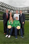20 August 2014; The FAI today announced Continental Tyres as the official partner of Irish Women's Football. Pictured at the announcement are, back row from left, FAI Chief Executive John Delaney, Republic of Ireland Senior Women's team manager Sue Ronan, Guy Frobisher, Continental Tyres, and Republic of Ireland Senior Men's team manager Martin O'Neill. Front row, from left,  Republic of Ireland's Grace Moloney and Seana Cooke. Aviva Stadium, Lansdowne Road, Dublin. Picture credit: Barry Cregg / SPORTSFILE