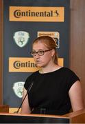 20 August 2014; The FAI today announced Continental Tyres as the official partner of Irish Women's Football. Pictured speaking at the announcement is Emma Sykes, UEFA Women's Football. Aviva Stadium, Lansdowne Road, Dublin. Picture credit: Barry Cregg / SPORTSFILE