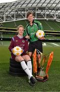 20 August 2014; The FAI today announced Continental Tyres as the official partner of Irish Women's Football. Pictured at the announcement and the launch of the Women's National League are, Ruth Fahy, Galway WFC, left, and Clare Kinsella, Peamount Utd. Aviva Stadium, Lansdowne Road, Dublin. Picture credit: Barry Cregg / SPORTSFILE