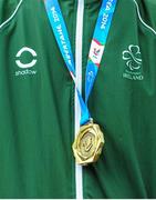 20 August 2014; A view of the gold medal won by Team Ireland's Michael McKillop, from Newtownabbey, Co. Antrim, after he won the men's 800m - T38 final, with a time of 1:58.16. 2014 IPC Athletics European Championships, Swansea University, Swansea, Wales. Picture credit: Chris Vaughan / SPORTSFILE